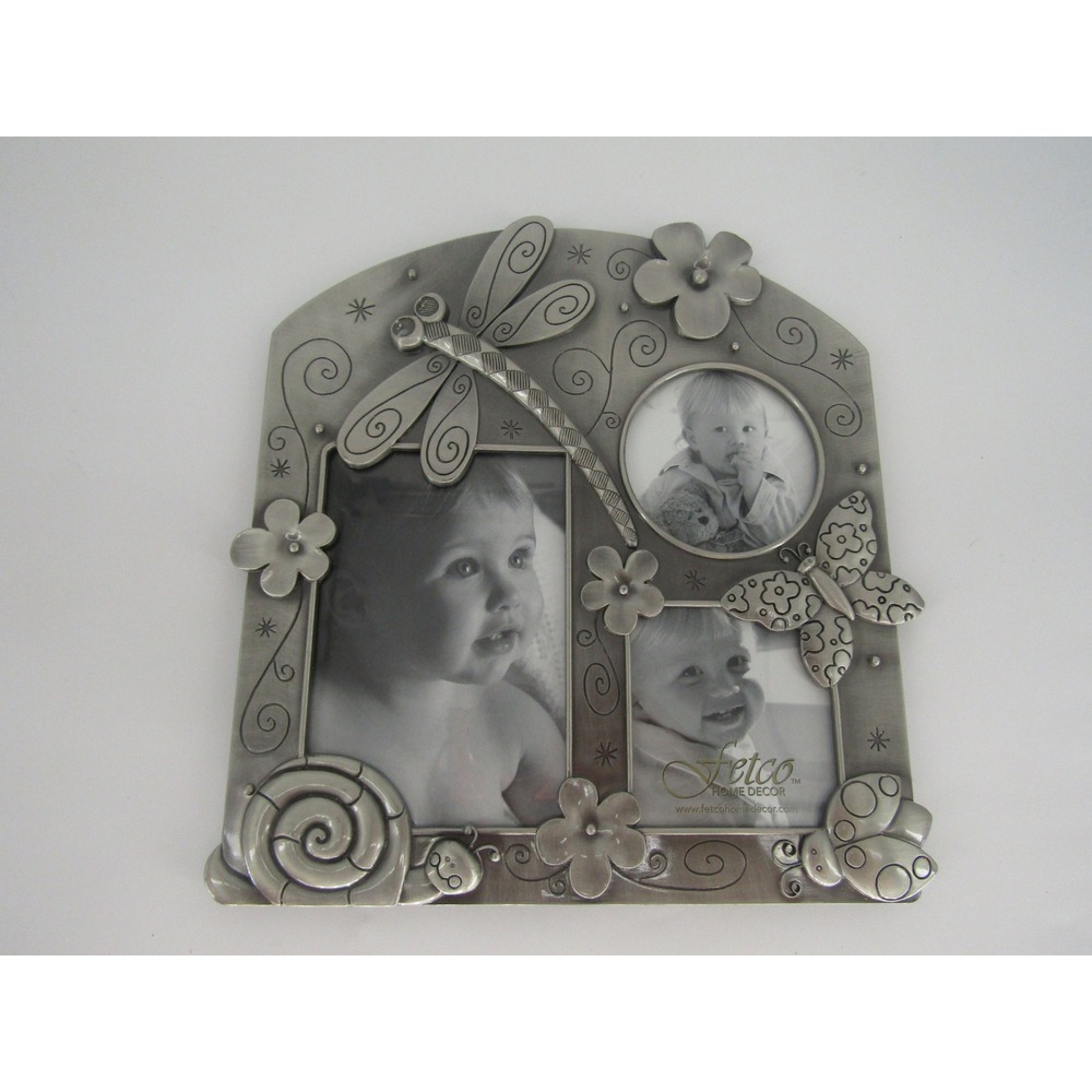 Fetco Picture Frame Silver Dragonfly Butterfly Flower 3-Opening Pewter Cottage